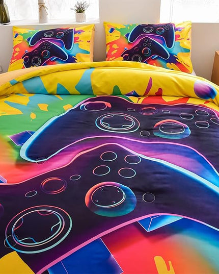 Aimuan Gamer Gaming Bedding Sets 3D Gamepad Comforter Sets for Boys Games Console Action Buttons Novelty Colorful Game Controller Modern Room Decor Home Quilt Set (Full, Yellow) - LeafyLoom