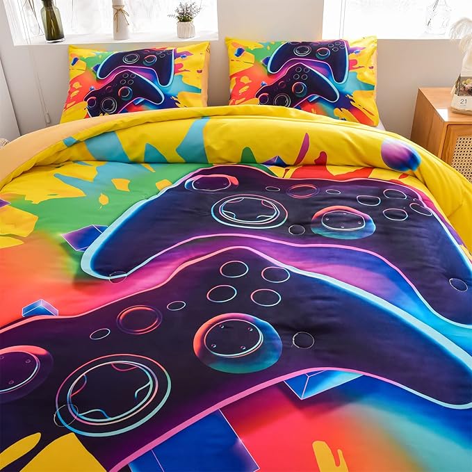 Aimuan Gamer Gaming Bedding Sets 3D Gamepad Comforter Sets for Boys Games Console Action Buttons Novelty Colorful Game Controller Modern Room Decor Home Quilt Set (Full, Yellow) - LeafyLoom