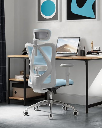 SIHOO M18 Ergonomic Office Chair, Computer Desk Chair with Adjustable Headrest and Lumbar Support, High Back Executive Swivel Chair for Home Office (Light Blue) - LeafyLoom