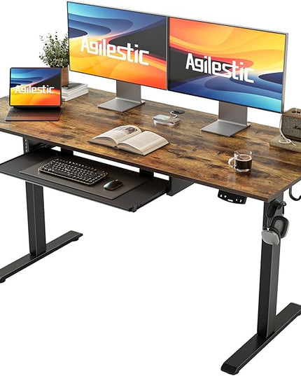 Height Adjustable Desk with Keyboard Tray, 55 x 24 Inches Electric Standing Desk, Stand up Computer Table with Memory Preset, Rustic Brown, Splice Board - LeafyLoom