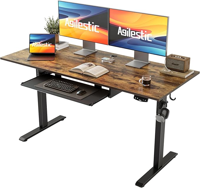 Height Adjustable Desk with Keyboard Tray, 55 x 24 Inches Electric Standing Desk, Stand up Computer Table with Memory Preset, Rustic Brown, Splice Board - LeafyLoom