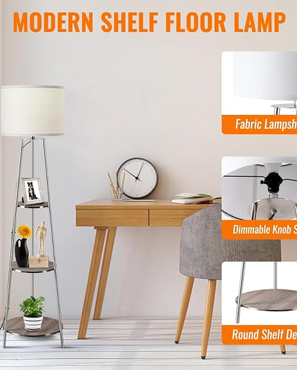 Floor Lamp, Standing Lamp with White Fabric Shade, 3-Tier Round Corner Shelf Floor Lamp with 3 Dimmable Levels, Tall Modern Floor Lamps with Shelves for Bedroom, Living Room and Office - LeafyLoom