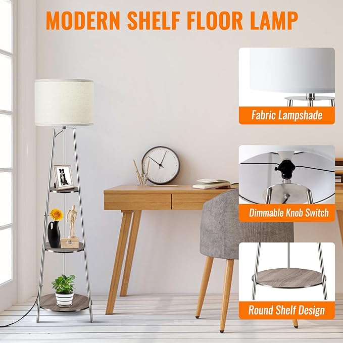 Floor Lamp, Standing Lamp with White Fabric Shade, 3-Tier Round Corner Shelf Floor Lamp with 3 Dimmable Levels, Tall Modern Floor Lamps with Shelves for Bedroom, Living Room and Office - LeafyLoom
