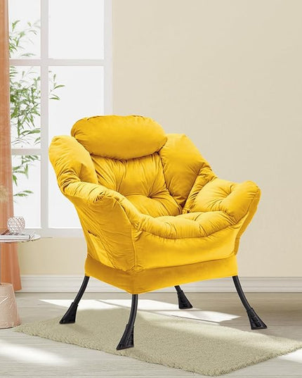 Lazy Chair Thick Padded, Accent Chair Velvet Upholstered with Wide Seat, Stable Metal Frame and Non-Slip Pad, Modern Sofa Armchair with Side Storage Bag for Dorm, Room, Office, Yellow - LeafyLoom