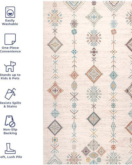 nuLOOM Kiya Machine Washable Moroccan Tribal Geometric Ultra Thin Area Rug, 6' x 9', Light Grey - LeafyLoom