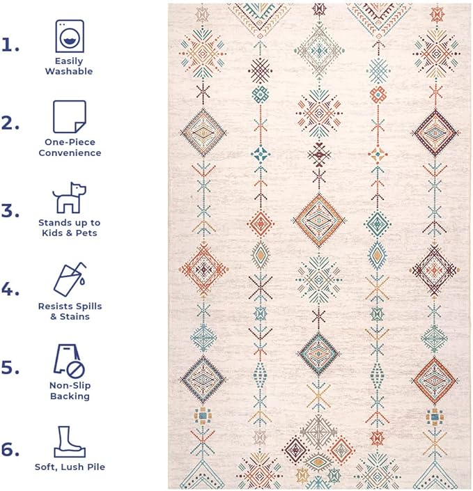 nuLOOM Kiya Machine Washable Moroccan Tribal Geometric Ultra Thin Area Rug, 3' x 5', Light Grey - LeafyLoom