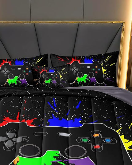 Boys Bed in a Bag Game Comforter Sets Queen Size,Video Game Controller Comforter for Boys Kids Adult 3D Gamepad Microfiber bed Set 6 Pieces Gaming bedding set 3001,Queen - LeafyLoom