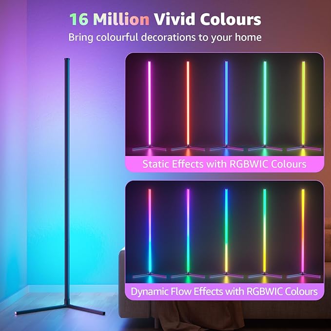 bedee LED Corner Floor Lamp: 65" RGB 16 Million Color Changing Floor Lamp with Music Sync, Modern Standing Mood Light with App & Remote Control, DIY Mode & Timing for Living Room Gaming Room Bedroom - LeafyLoom