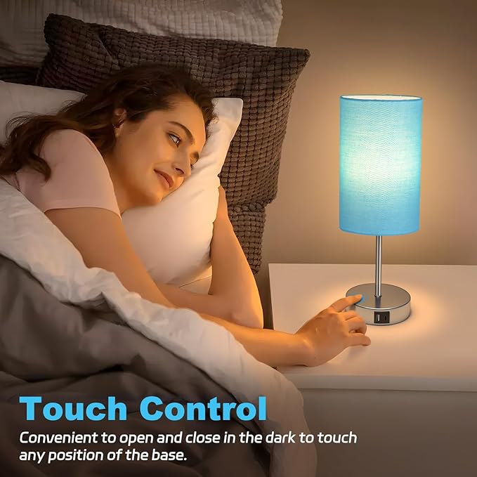AKASUKI Table Lamp for Bedroom, 3 Way Dimmable Touch Lamp with Dual Charging Station, Small Bedside Lamps for Night Stands, Living Room, Office(LED Bulb Included) - LeafyLoom