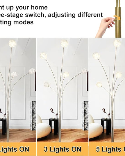 Depuley 5-Light Modern LED Floor Lamp, Adjustable Metal Tall Standing Lamps with Marble Base, Dimmable Arc Floor Lamp with Flexible Rotating Lights for Living Room, Bedroom(Silver, G9 Bulbs Included) - LeafyLoom