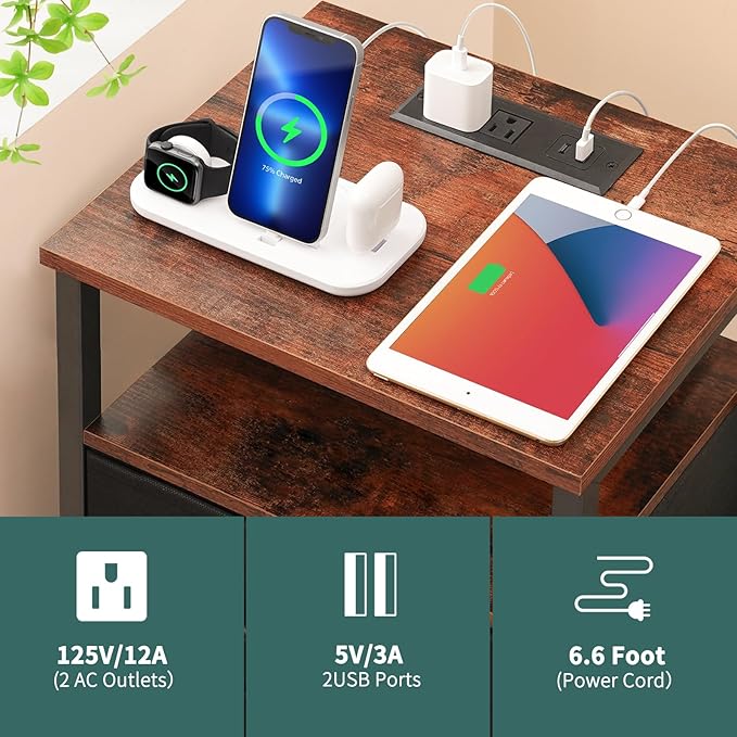 Yoobure Night Stand with Charging Station, 16 Colors LED Nightstand with USB Ports and Outlets, End Table with 3 Fabric Drawers and Storage Shelf, Bedside Tables Small Dresser for Small Space - LeafyLoom