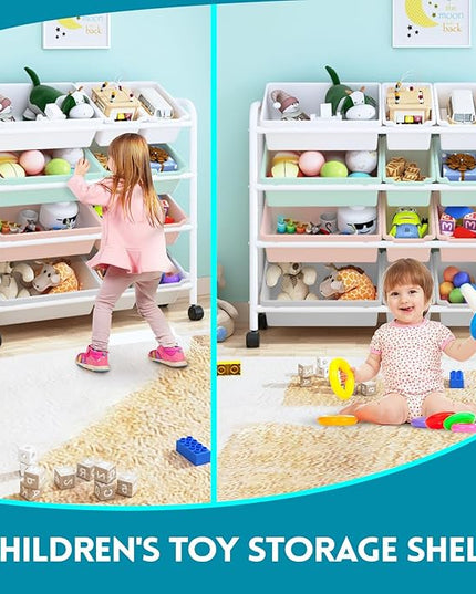 Kids Toy Storage Organizer with 12 Plastic Bins, 4-Tier Metal Toy Storage Rack, Metal Toy Organizer with Storage Bins for Kids Room, Playroom and Nursery, Multi-Color - LeafyLoom