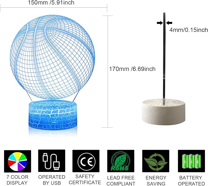 Basketball Night Light,3D Illusion Lamp 16 Color Changing&Dimming by Remote Control or Smart Touch LED Bedside Lamps,Sports Decor for Boys Bedroom Girls Kids Teens Birthday Holiday Xmas Gifts - LeafyLoom