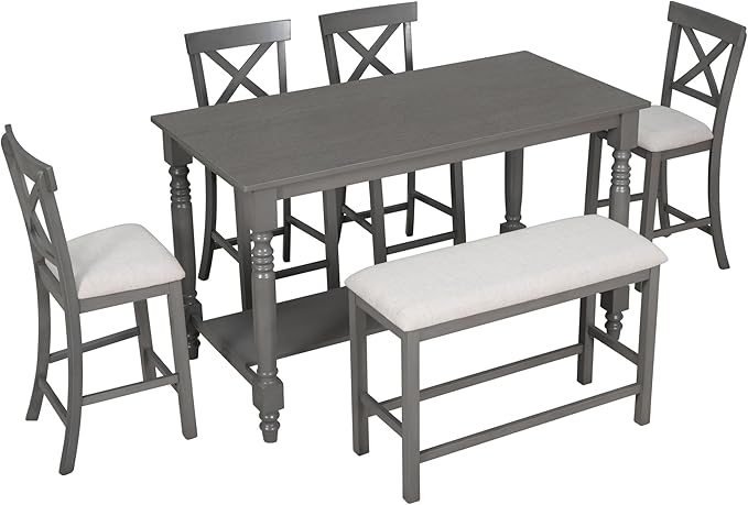 RITSU 6-Piece Counter Height Dinette Sets Kitchen Dining Table with Shelf, 4 Chairs & Bench w/Soft Cushion, for Diningroom Living Room, Easy to Assemble, Gray 5 - LeafyLoom