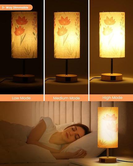 Touch Control Desk Lamp with 2 USB Ports, 3-Way Dimmable Bedside Lamp for Bedroom, Nightstand Lamp with Round Flower Fabric Shade for Living Room, Home Office (White-double) - LeafyLoom