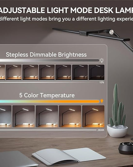 LED Desk Lamp with Clamp for Home Office, 24W Ultra Bright 7 Stepless Dimming/5 Color Modes/Timer, Architect Modern Table Lamp with Touch and Remote Control USB Charging Port for Study Reading - LeafyLoom