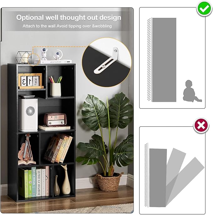 VECELO 42 Inch High Bookcase, 4-Tier Modern Storage Cabinet with Height Difference Shelves for Standard Textbooks, Floor Standing, 7 Cubes, Horizontal Available, Easy Assembly, Vintage Black - LeafyLoom