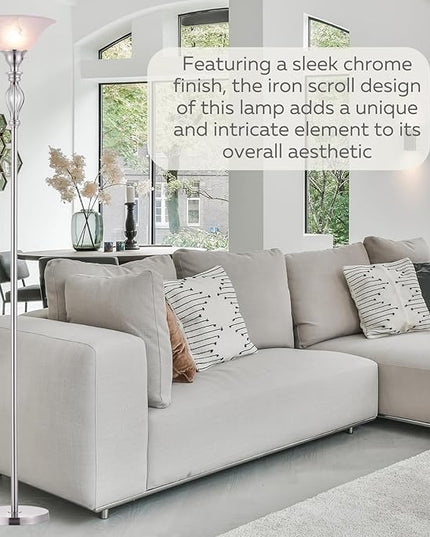 LIGHTACCENTS Silver Floor Lamp for Living Room with White Alabaster Glass Shade - Stand Up Torchiere Lamp - Durable Iron Scrollwork - Brushed Nickel Pole Lamp - Elegant Floor Lamp for Bedrooms - LeafyLoom