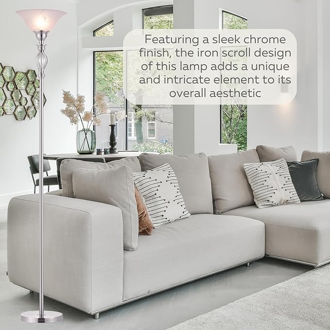 LIGHTACCENTS Silver Floor Lamp for Living Room with White Alabaster Glass Shade - Stand Up Torchiere Lamp - Durable Iron Scrollwork - Brushed Nickel Pole Lamp - Elegant Floor Lamp for Bedrooms - LeafyLoom