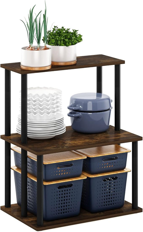 Furinno Turn-N-Tube 3-Tier Toolless Kitchen Storage Shelf, Amber Pine/Black - LeafyLoom