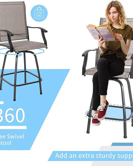 Shintenchi Patio Swivel Bar Set, All Weather Textile Fabric Outdoor High Stool Bistro Set with 2 Bar Chairs and Glass Table for Home, Backyard, Garden, Lawn, Porch (Brown), 3 Pieces - LeafyLoom