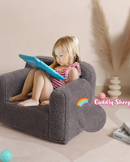 Kids Snuggly-Soft Sherpa Chair, Cuddly Toddler Foam Chair for Boys and Girls, Grey - LeafyLoom