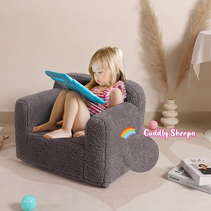 Kids Snuggly-Soft Sherpa Chair, Cuddly Toddler Foam Chair for Boys and Girls, Grey - LeafyLoom