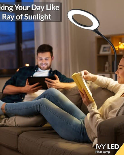 Bright Floor Lamp for Office, Reading and Bedrooms. LED Floor Lamp for Lash Light for EyeLash Extensions, Makeup & Nail Spa. Gooseneck Standing Lamp (Black) - LeafyLoom