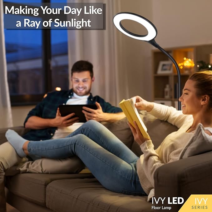 Bright Floor Lamp for Office, Reading and Bedrooms. LED Floor Lamp for Lash Light for EyeLash Extensions, Makeup & Nail Spa. Gooseneck Standing Lamp (Black) - LeafyLoom