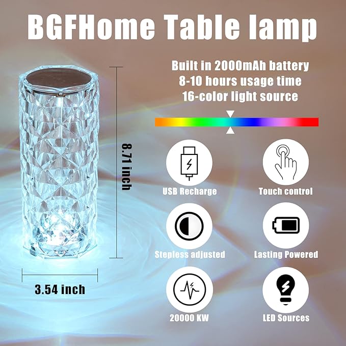 Crystal Table Lamp RGB Color Changing Night Lights (2 Pack) Crystal Rose Diamond Touch Lamp for Bedroom Living Room Decor (Remote & Touch Control) - LeafyLoom