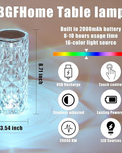 Crystal Table Lamp RGB Color Changing Night Lights (2 Pack) Crystal Rose Diamond Touch Lamp for Bedroom Living Room Decor (Remote & Touch Control) - LeafyLoom