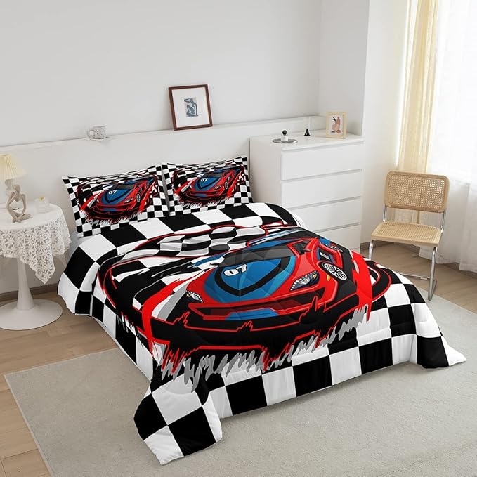 Red Race Car Bedding Set King Size Cool Racing Car Comforter Set Competition Extreme Sports Game Down Comforter for Kids Boys Girls Teens Bedroom Decor Plaid Pattern Duvet Insert with 2 Pillowcases - LeafyLoom