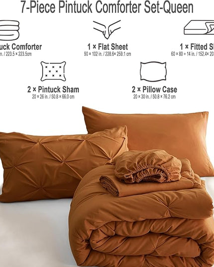 Ubauba 7pc Burnt Orange Queen Comforter Set, Rust 7 Piece Pintuck Bed in a Bag with Sheets, All Season Pinched Pleat Bedding Comforters & Sets,(Rustic, Queen Size) - LeafyLoom