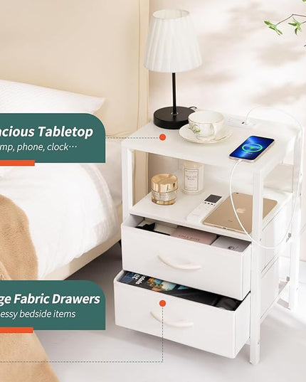 Yoobure Nightstand with Charging Station, Small Night Stand with Fabric Drawers and Storage Shelf for Bedrooms, Nightstands for Small Spaces, Bedside Table with USB Ports & Outlets, Bed Side Table - LeafyLoom