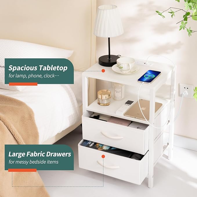 Yoobure Nightstand with Charging Station, Small Night Stand with Fabric Drawers and Storage Shelf for Bedrooms, Nightstands for Small Spaces, Bedside Table with USB Ports & Outlets, Bed Side Table - LeafyLoom