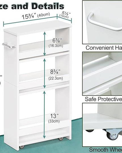 MARTY White Slim Storage Cart with Wheels, 4 Tier Rolling Utility Cart with Handle Slide Out Shelving Unit Organizer Trolley for Laundry Kitchen Bathroom Narrow Places Small Corner - LeafyLoom