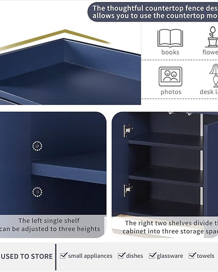 Sideboard Buffet Cabinet with Large Storage Space,Modern Particle Board Kitchen Console Table,W/ 4 Doors and Gold Metal Legs,Dining Room,Entryway,Navy, 47.2" - LeafyLoom