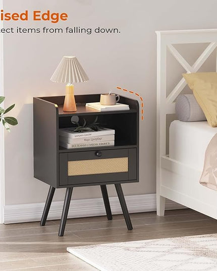 SUPERJARE Nightstand with Charging Station & Rattan-Like Decor Drawer, Rattan End Table with Solid Wood Feet, Bed Side Table with Open Storage, for Bedroom, Living Room, Dormitory - Black - LeafyLoom
