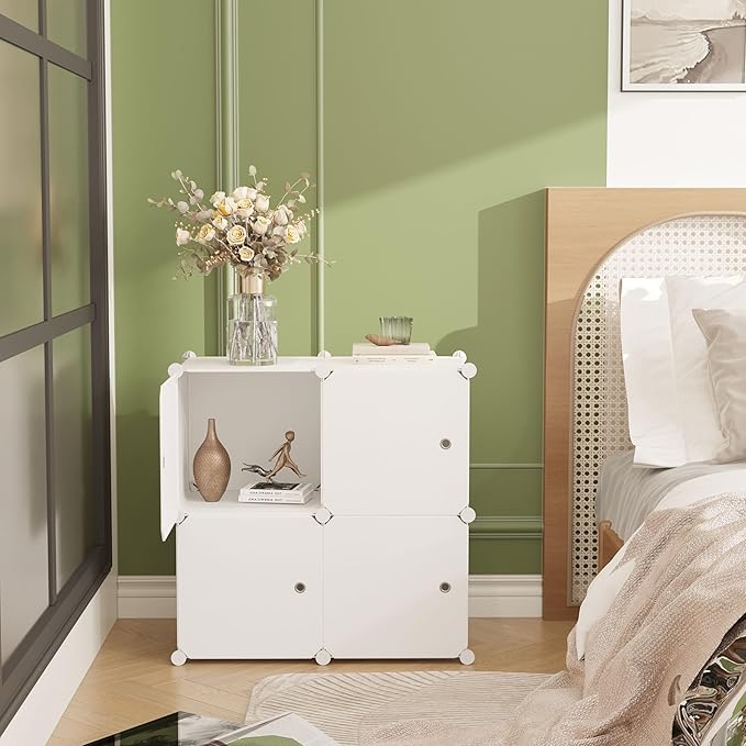 C&AHOME Cube Storage Organizer with Doors, 4-Cube Shelves, Closet Cabinet, DIY Plastic Modular Bookshelf Ideal for Bedroom, Living Room, 24.8" L x 12.4" W x 24.8" H Milky USHS04M-DOOR - LeafyLoom