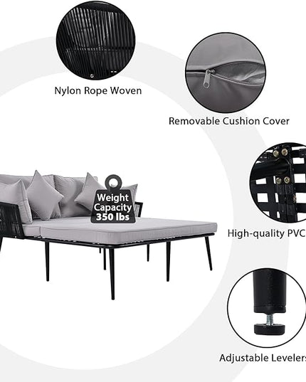 Patio Daybed Set for 2, Outdoor Furniture All-Weather Sofa Sunbed with Adjustable Iron Feet, Woven Nylon Rope Backrest, Washable Cushions and Pillows, for Balcony, Poolside, Gray - LeafyLoom