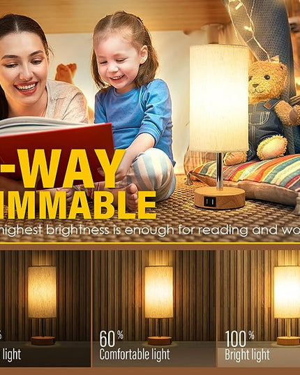 Yarra-Decor Bedside Table Lamp with USB Port - Touch Control for Bedroom Wood 3 Way Dimmable Nightstand Lamp with Round Flaxen Fabric Shade for Living Room, Dorm, Home Office (LED Bulb Included) - LeafyLoom