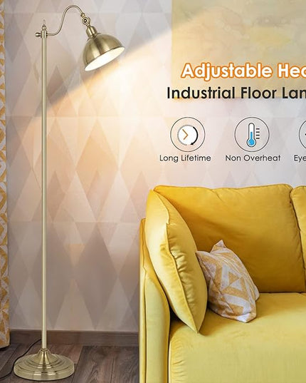 Mlambert Industrial Floor Lamp,63” LED Floor Lamp with LED Bulb,Adjustable Metal Head,Foot Switch,Tall Lamp for Livingroom,Bedroom,Corner Lamp- Brass - LeafyLoom