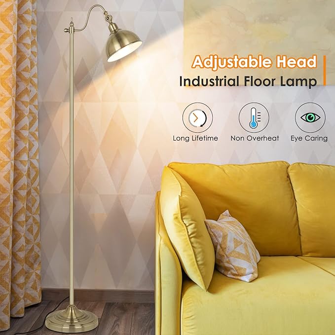 Mlambert Industrial Floor Lamp,63” LED Floor Lamp with LED Bulb,Adjustable Metal Head,Foot Switch,Tall Lamp for Livingroom,Bedroom,Corner Lamp- Brass - LeafyLoom