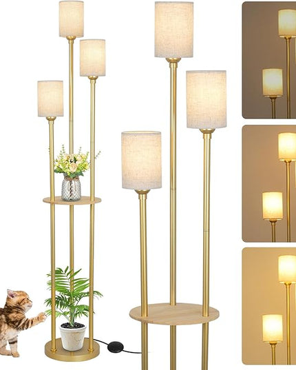 Dimmable Boho Floor Lamps for Living Room, 3-Lights Modern Floor Lamp with 3-Way Foot Switch, Gold Floor Lamp with Shelves, Shelf Standing Lamp with Fabric Shade, Tall Floor Lamps for Bedroom, Office - LeafyLoom