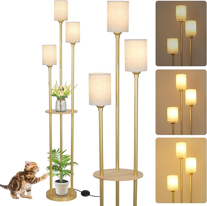 Dimmable Boho Floor Lamps for Living Room, 3-Lights Modern Floor Lamp with 3-Way Foot Switch, Gold Floor Lamp with Shelves, Shelf Standing Lamp with Fabric Shade, Tall Floor Lamps for Bedroom, Office - LeafyLoom