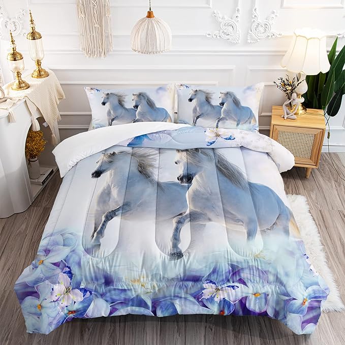 Kid Galloping Horse Comforter Set Floral Butterfly Horse Bedding Set for Boys Girls Adult, 1 Comforter + 2 Pillowcases - LeafyLoom
