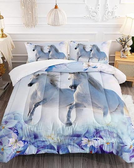 Kid Galloping Horse Comforter Set Floral Butterfly Horse Bedding Set for Boys Girls Adult, 1 Comforter + 2 Pillowcases - LeafyLoom