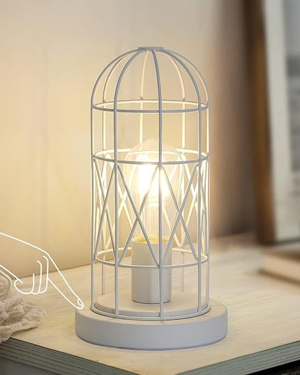 Bedside Touch Lamp, Small Table Lamp for Bedroom Living Room, 3 Way Dimmable Modern Nightstand Lamp, Simple Desk Lamp with White Metal Cage Shade, 2700K LED Bulb Included - LeafyLoom