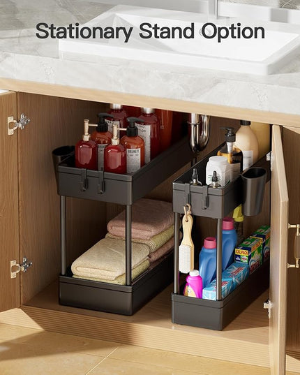 Pipishell Bathroom Cart, 2 Pack Slim Storage Cart Bathroom Organizer with Hanging Cups & Hooks, Bathroom Storage Rolling Cart for Bathroom, Laundry Room, Kitchen, Set of 2, PIUC07BK2 - LeafyLoom