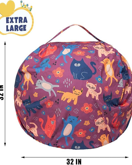 Stuffed Animal Storage Bean Bag Chair Cover, Hold Kids Plush Toys Blankets Towels Beanbag (Cover Only), Canvas Floor Circle Stuff Sit Seat Sofa with YKK Zipper, Large 32", Cat - LeafyLoom